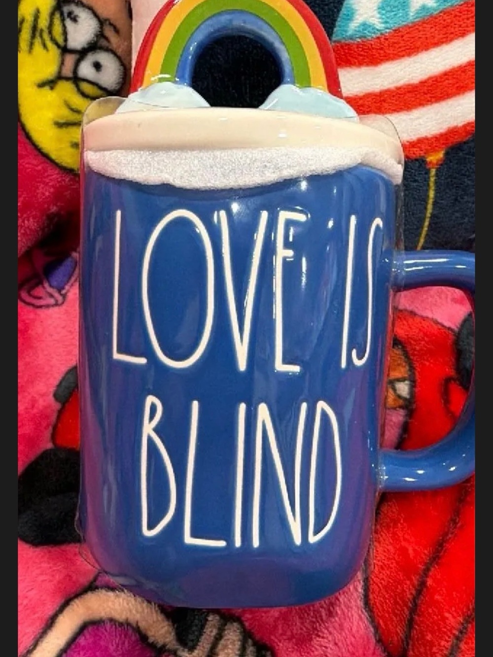 Rae Dunn Blue 'Love Is Blind' Ceramic Mug with Rainbow Lid